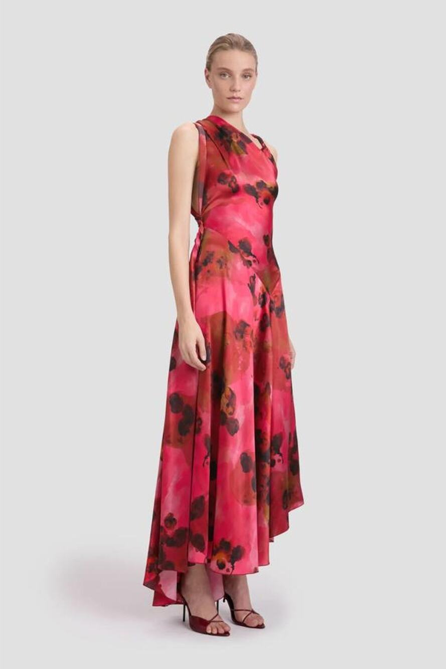 Victoria Beckham Draped Floral Print Silk Midi Dress Raspberry Floral UK 10 US 6